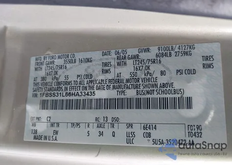 2006 Ford E-350 Super Duty Xl/Xlt z USA, uszkodzony, nr VIN 1FBSS31L66HA33435